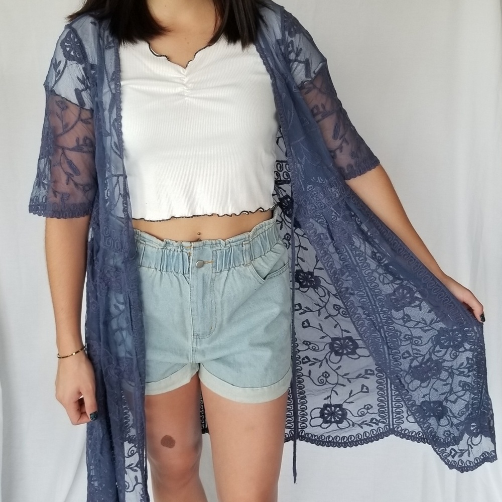Dusty Blue Mesh Lace Cardigan